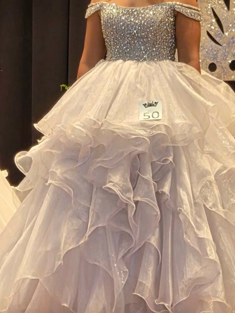 Off-Shoulder Sparkle Ball Gown Prom Dress in Light Silver
